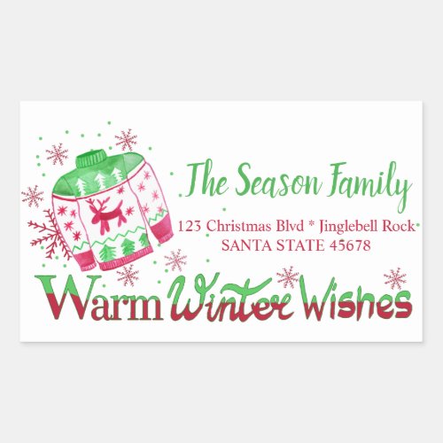 Warm Winter Wishes Christmas Sweater address Rectangular Sticker