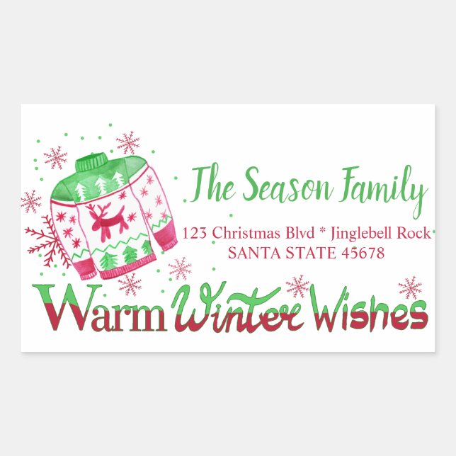 Warm Winter Wishes Christmas Sweater address Rectangular Sticker (Front)