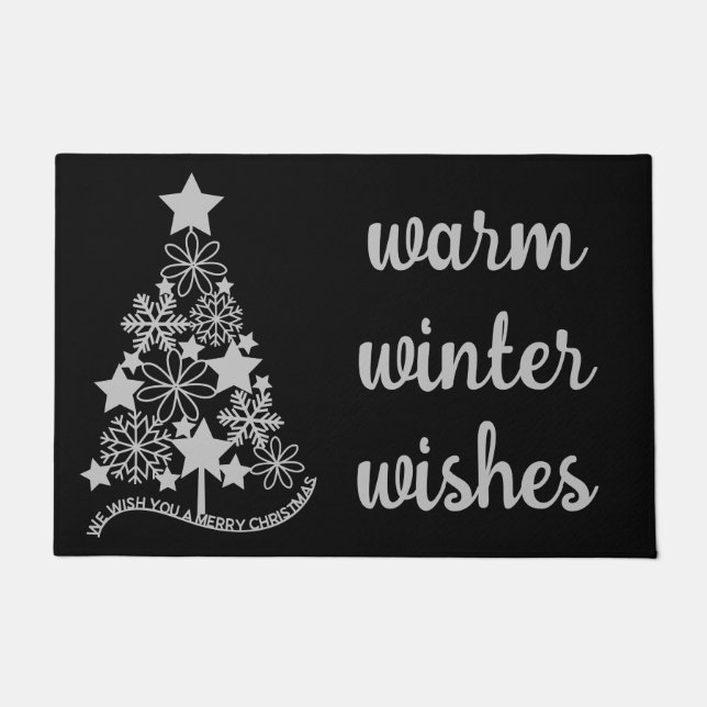 Warm Winter Wishes Christmas Tree Black Doormat (Front)
