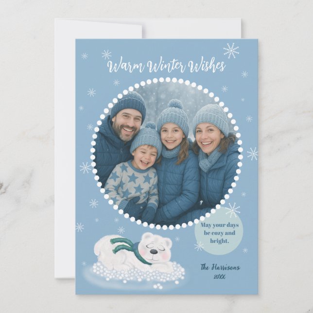 Warm Winter Wishes Cute Blue Sleeping Polar Bear Holiday Card (Front)