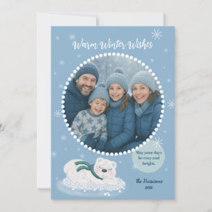 Warm Winter Wishes Cute Blue Sleeping Polar Bear Holiday Card