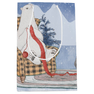 Warm Winter Wishes Polar Bear Knitting Red Scarf Medium Gift Bag