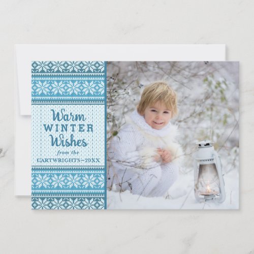 Warm Winter Wishes Snowflake Sweater Photo Blue Holiday Card