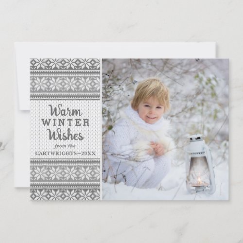 Warm Winter Wishes Snowflake Sweater Photo Gray Holiday Card