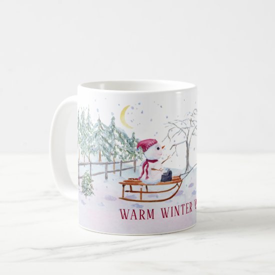 Warm Winter Wishes Snowman and Baby on Sled Coffee Mug