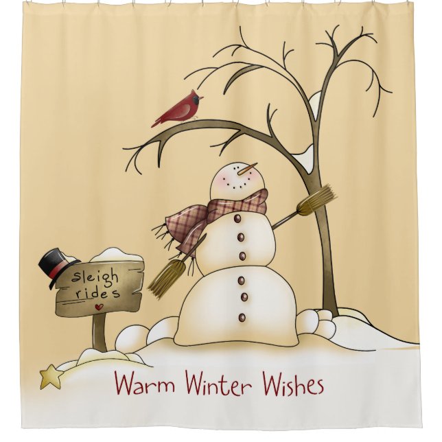 Warm Winter Wishes Snowman Red Bird Sleigh Rides Shower Curtain (Front)