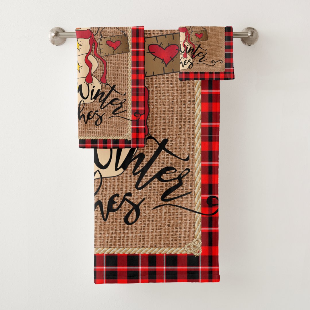 Warm Winter Wishes Snowman Red Plaid Bath Towel Set Zazzle