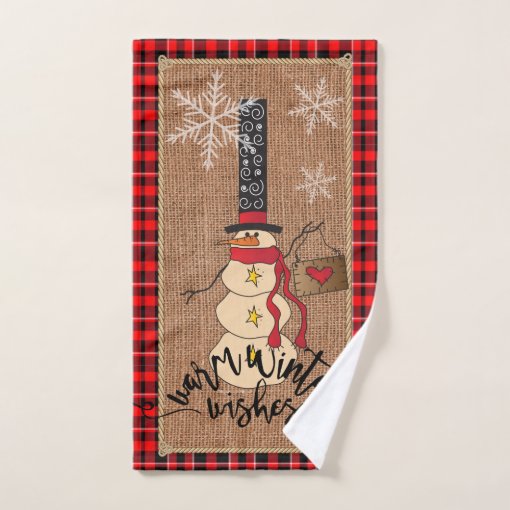 Warm Winter Wishes Snowman Red Plaid Bath Towel Set Zazzle