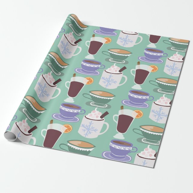 Warm Wintery Drinks Print Wrapping Paper (Unrolled)