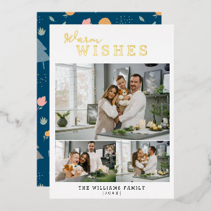Warm wishes 3 Photo Collage Foil Holiday Card