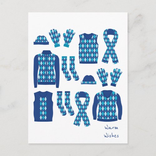 Warm Wishes Argyle Pattern Items Postcard _ Blue