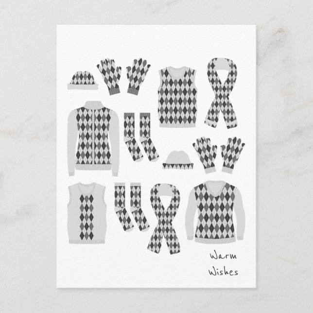 Warm Wishes Argyle Pattern Items Postcard - Gray (Front)