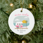 Warm Wishes Beach Pink Camper Flamingo Ceramic Ornament<br><div class="desc">Illustration of a yellow camper at the beach with ocean,  palm trees,  sunset,  and flamingos.</div>