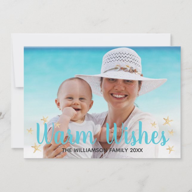 Warm Wishes Blue Beach Starfish Christmas Photo Holiday Card (Front)