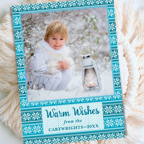 Warm Wishes Blue Nordic Snowflake Sweater Photo Holiday Card