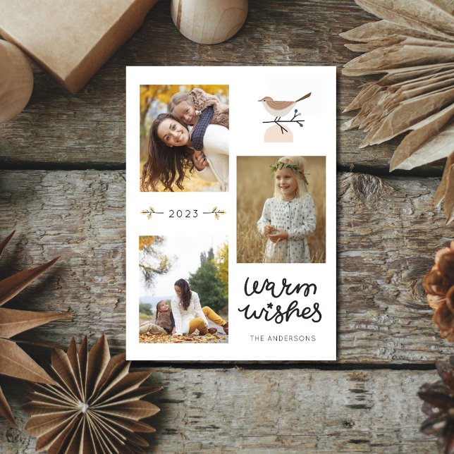 Warm Wishes Botanical Bird Three Photo Christmas Holiday Card (Warm Wishes Botanical Bird Three Photo Christmas Holiday Card)