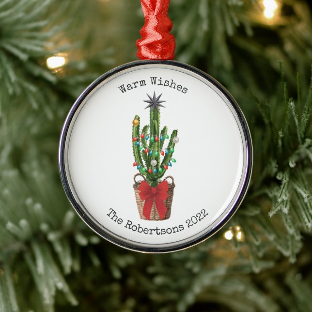 Warm Wishes Christmas Cactus Year Metal Ornament (Tree)