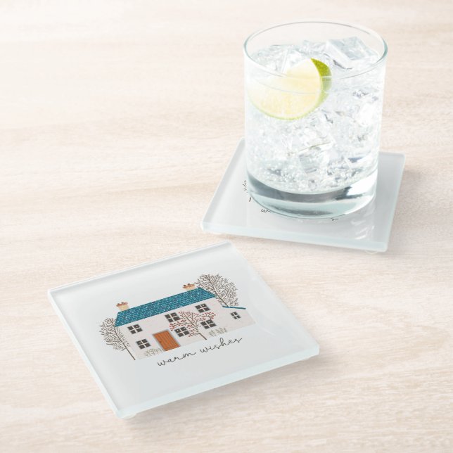Warm Wishes Cozy Holiday Home Christmas Glass Coaster (Angled)