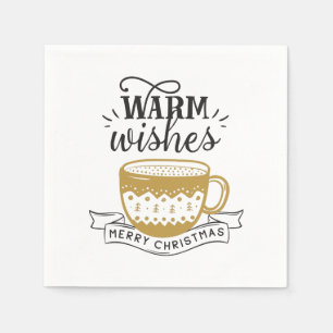 Warm Wishes Cup Hot Coffee Cocoa Xmas Gold Black  Napkins