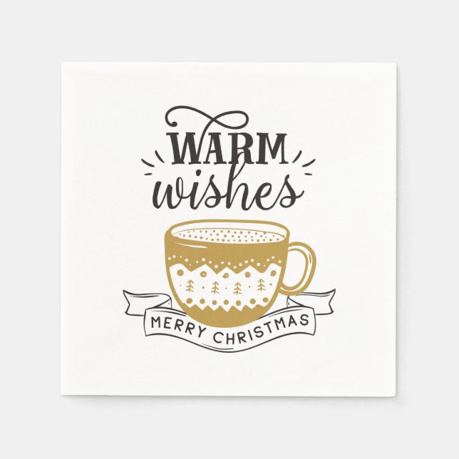 Warm Wishes Cup Hot Coffee Cocoa Xmas Gold Black  Napkins (Front)