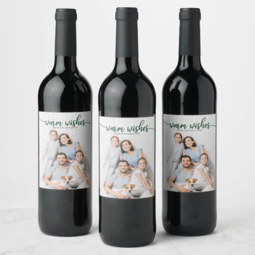 Warm Wishes Cute Green Script Christmas Holiday Wine Label