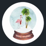 Warm Wishes Flamingo Palm Trees Snow Globe Classic Round Sticker<br><div class="desc">Illustration of a flamingo inside a snow globe with 2 palm trees.  Flamingo is wearing santa hat and matching scarf.  Text at base of snow globe says,  "warm wishes"</div>