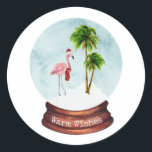 Warm Wishes Flamingo Palm Trees Snow Globe Classic Round Sticker<br><div class="desc">Illustration of a flamingo inside a snow globe with 2 palm trees.  Flamingo is wearing santa hat and matching scarf.  Text at base of snow globe says,  "warm wishes"</div>