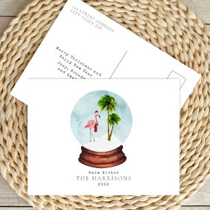 Warm Wishes Flamingo Snow Globe Christmas Holiday Postcard