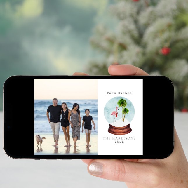 Warm Wishes Flamingo Snow Globe Christmas Photo Holiday Card (Front Digital)