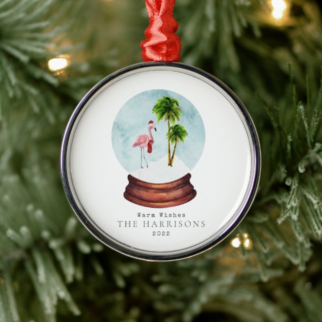 Warm Wishes Flamingo Snow Globe Metal Ornament (Tree)