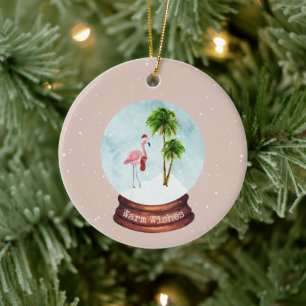 Warm Wishes Flamingo Snowglobe Ceramic Ornament