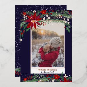 Warm wishes floral wreath snow photo foil holiday card