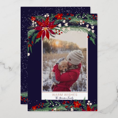 Warm wishes floral wreath snow photo  foil holiday card
