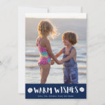 Warm Wishes Florida Beach Family Photo Christmas Holiday Card<br><div class="desc">Christmas holiday cards in a modern beach nautical "warm wishes" navy blue and white sand dollar design. Customize with your photo and names. This beach Christmas holiday card reverses to a navy blue and white nautical stripe design on the back. I can modify this card to a different color to...</div>