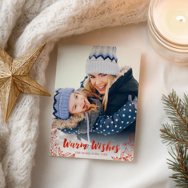 Warm Wishes Foliage Red Script Photo Christmas Postcard (Creator Uploaded)