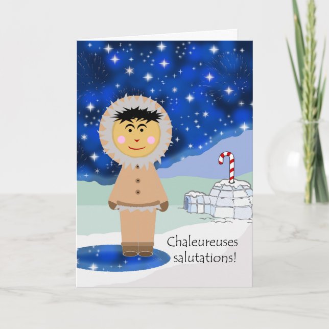 Warm Wishes for Christmas in French, Eskimo Holiday Card (Front)
