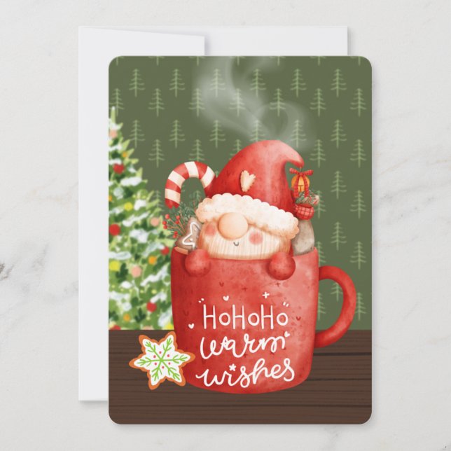 Warm Wishes Gnome Christmas Mug Watercolor Holiday Card (Front)