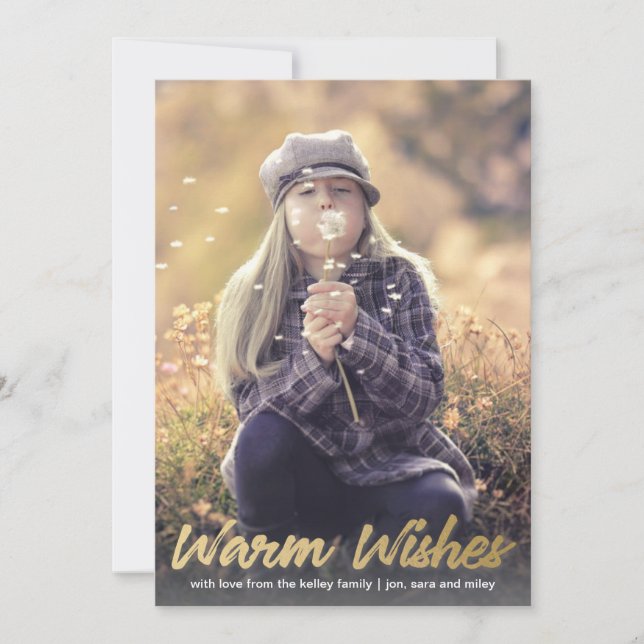 Warm Wishes Gold Script Holiday Vertical Photo Card (Front)