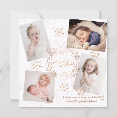 Warm Wishes Gold Snowflakes Blush Marble 4 Photos Invitation