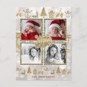 Warm Wishes Gold & White Sparkle Holiday 4 Photo Postcard