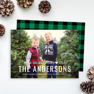 Warm Wishes Green Buffalo Plaid Family Photo Holiday Card