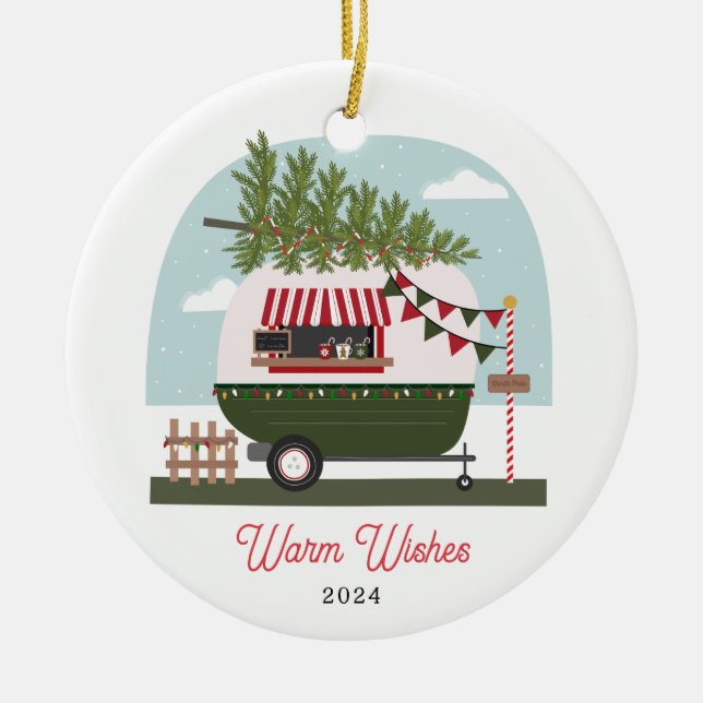 Warm Wishes Hot Cocoa Camper Christmas Ceramic Ornament (Front)