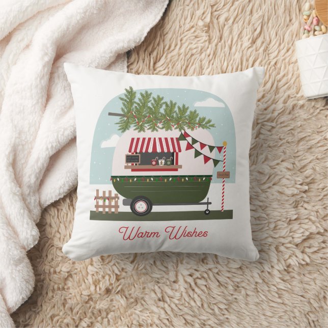 Warm Wishes Hot Cocoa Camper Christmas Throw Pillow (Blanket)