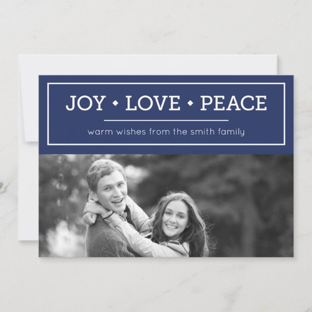 Warm Wishes Joy Love Peace Blue Holiday Photo Card (Front)