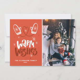 Warm Wishes Lettering Snowflakes Mittens Photo Holiday Card