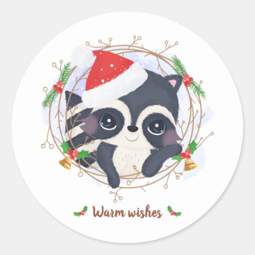 Warm wishes lettering with a cute racoon classic round sticker