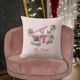 Warm Wishes Midcentury Modern House Pink Christmas Throw Pillow
