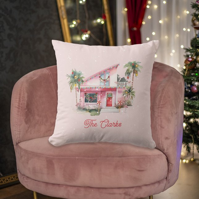 Warm Wishes Midcentury Modern House Pink Christmas Throw Pillow (Creator Uploaded)