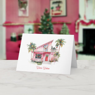 Warm Wishes Midcentury Modern Pink House Christmas Card