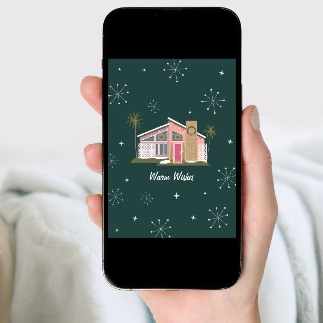 Warm Wishes Midcentury Pink House Christmas Holida Holiday Card (Front Digital)